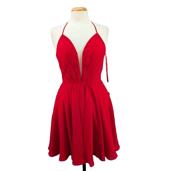 Abby Paris Red V Neck Lace Up Back Mini Dress Valentines Day Prom Party Sz 4 NWT - Picture 1 of 14